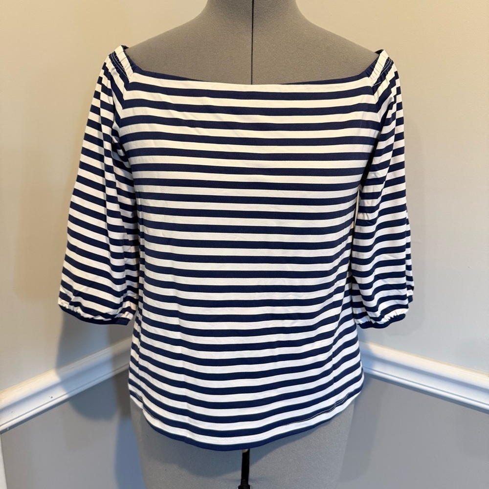 J.McLaughlin Off Shoulder Puff Sleeve Top S White Navy Blue Catalina Nautical
